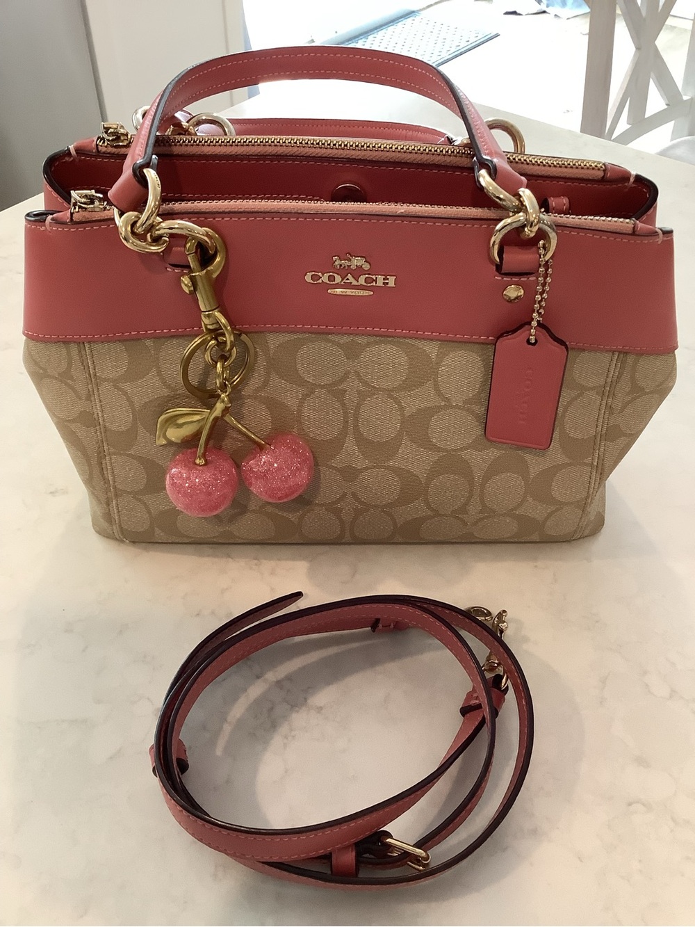 Coach Mini Brooke Beige Signature Canvas Satchel Crossbody with Pink Trim - Picture 2 of 12